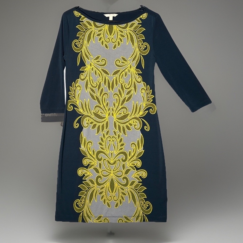 Banana Republic Dress Sheath 3/4 Sleeve Yellow Navy Blue Geometric Party Sz XS